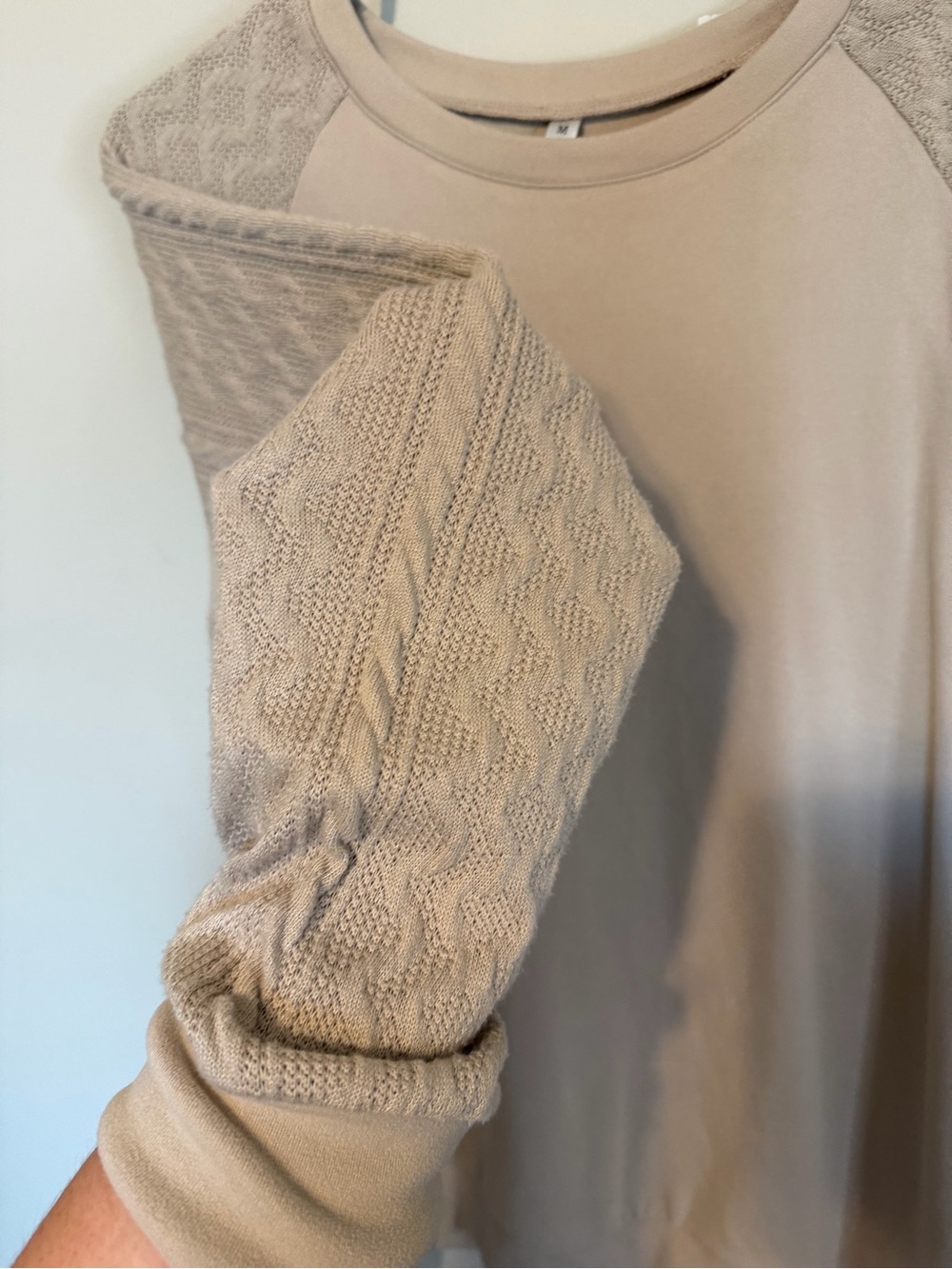 Beige Knit-Sleeve Women's Long Sleeve Sweater - Picture 4 of 6